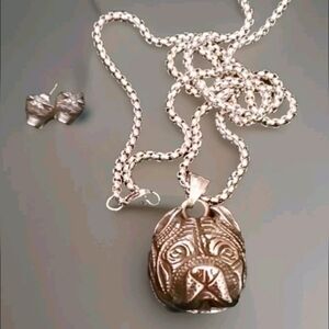 3D Bulldog Head Necklace And Earrings Set In Stainless Steel